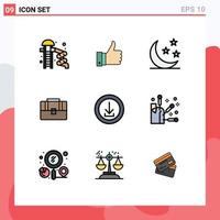 Pack of 9 Modern Filledline Flat Colors Signs and Symbols for Web Print Media such as business hand bag half case bag Editable Vector Design Elements