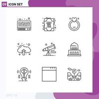 Pack of 9 Modern Outlines Signs and Symbols for Web Print Media such as space telescope love spyglass upload Editable Vector Design Elements