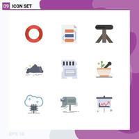 Mobile Interface Flat Color Set of 9 Pictograms of scene landscape strategy hill table Editable Vector Design Elements