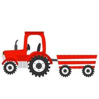 tractor rojo en estilo de dibujos animados aislado sobre fondo blanco, transporte agrícola, concepto de estilo de vida rural para libros infantiles o carteles vector