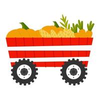 remolque rojo con verduras en estilo de dibujos animados aislado sobre fondo blanco, transporte agrícola, concepto de estilo de vida rural para libros infantiles o carteles vector