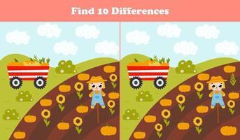 Find differences game for kids with scarecrow and field of sunflower and pumpkin harvest, farm landscape