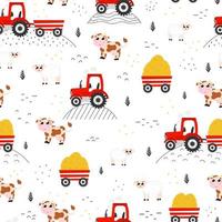 Seamless pattern with tractors and haystacks, cows and sheeps in childish cartoon style, ideal ornament for beddings vector