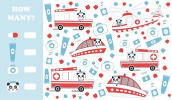 Printable how many game for kids with ambuance transport and panda character doctor vector