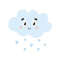 Cute cloud character with heart shape rain drops, design element for spring themed invitations vector