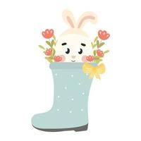 lindo personaje de huevo de pascua con orejas de conejo sentado en bota de goma con flores vector