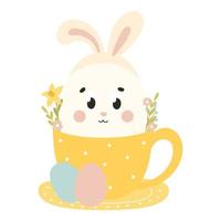 Cute Easter egg character with bunny ears sitting in yellow cup with flowers vector