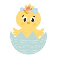 Cute Easter chick character peeking out of egg with floral elements for kids illustration, design element for spring themed invitations vector