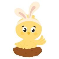 lindo personaje de pollito de pascua con orejas de conejo agitando la mano para ilustración de niños, elemento de diseño para invitaciones temáticas de primavera vector