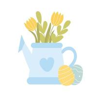 Spring blue watering pot with flowers in scandinavian style for decoration, floral design element vector
