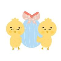 lindos personajes de pollito de pascua sosteniendo huevo de pascua con arco para niños ilustración, elemento de diseño vector