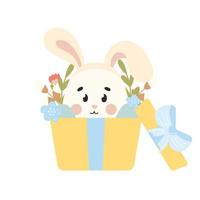 lindo personaje de huevo de pascua con orejas de conejo en caja de regalo con flores, elemento de diseño para invitaciones temáticas de primavera vector