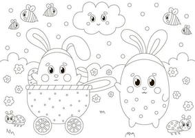 Cute coloring page for easter holidays with bunny character in country cart in scandinavian style, printable game vector