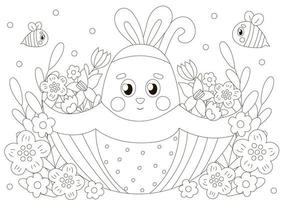 Cute coloring page for easter with bunny character in umbrella with flowers in scandinavian style with bees vector