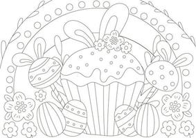 Cute coloring page for easter holidays with cupcake and eggs in scandinavian style vector