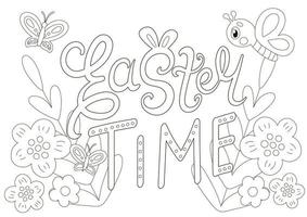 Cute coloring page for easter with  scandinavian style lettering and butterfliy chatacters vector