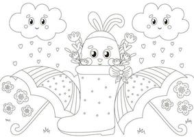 linda página para colorear para las vacaciones de Pascua con un personaje de conejito en botas de goma y paraguas con flores en estilo escandinavo vector