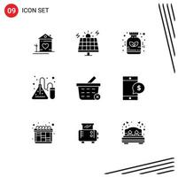 Mobile Interface Solid Glyph Set of 9 Pictograms of basket science solar lab medicine Editable Vector Design Elements