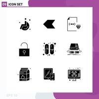 Pictogram Set of 9 Simple Solid Glyphs of console medicine development capsule unlocked Editable Vector Design Elements