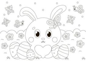 Cute coloring page for easter holidays with bunny character holding heart and eggs around in scandinavian style vector
