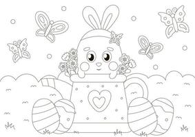 Cute coloring page for easter holidays with bunny character in watering can with flowers and butterflies in scandinavian style vector