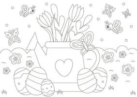 Cute coloring page for spring holidays with watering can and flowers in scandinavian style vector