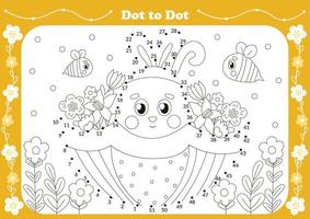 Cute dot to dot game for kids with easter theamed character - bunny in umbrella with bees. Printable worksheet vector