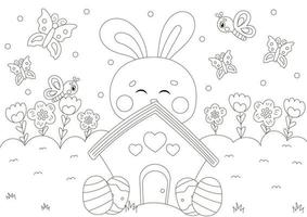 Cute coloring page for easter holidays with bunny character lying on house with easter eggs in scandinavian style vector