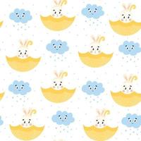 Cute springtime pattern with bunny in umbrella with flowers and rain on white background. vector