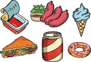 conjunto de iconos de dibujos animados de comida rápida. hamburguesa, hot dog, shawarma, wok noodles, pizza y otros para el diseño de cafeterías para llevar. ilustración vectorial de estilo plano de comida callejera. vector