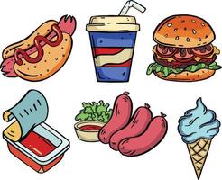 Collection of vector flat fast food icons isolated on white background.