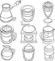 Set of various cups with tea or coffee, coffee pots, teapots.   vector line