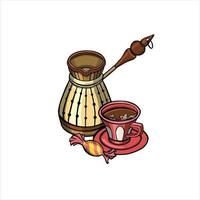 coffee maker and cup of black coffee with candy illustration vector