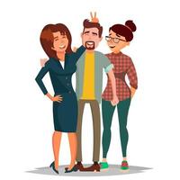Friends Taking Photo Vector. Laughing People Group, Office Colleagues. Creative Man And Women. Friendship Concept. Isolated Cartoon Illustration vector