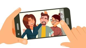 Taking Photo On Smartphone Vector. Smiling Friends Taking Selfie. People Posing. Hand Holding Smartphone. Friendship Concept. Isolated Flat Cartoon Illustration vector