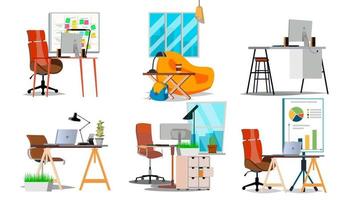 Office Workplace Interior Set Vector. Interior Of The Office Room, Creative Developer Studio. PC, Computer, Laptop, Table, Chair. Isolated Flat Illustration vector