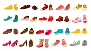 conjunto de calzado vectorial. zapatos con estilo. para hombre y mujer. sandalias. diferentes temporadas. elemento de diseño ilustración aislada de dibujos animados plana vector