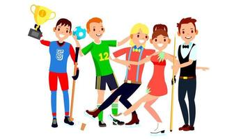 Athlete Set Vector. Man, Woman. Hockey, Handball, Figure Skating, Snooker. Group Of Sports People In Uniform, Apparel. Sportsman Character In Game Action. Flat Cartoon Illustration vector