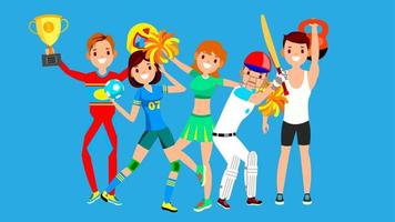 atleta establece vector. hombre mujer. balonmano, animadora, béisbol, hombre de fitness. grupo de deportistas en uniforme, ropa. personaje deportista en la acción del juego. ilustración de dibujos animados plana vector