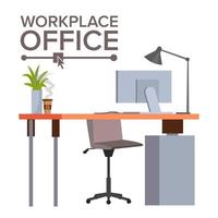 Office Workplace Concept Vector. Office Desk. Modern Developer Studio Interior. Classic Work space. Desk, Computer Illustration. vector