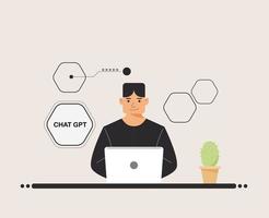 chat GPT men person use laptop digital. boy people search chat GPT AI, openAI, smart bot, workplace, technology background. vector illustration for artificial intelligence, infographics, web banner.