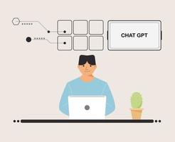 chat GPT men person use laptop digital. boy people search chat GPT AI, openAI, smart bot, workplace, technology background. vector illustration for artificial intelligence, infographics, web banner.