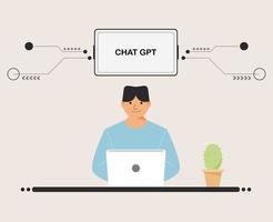 chat GPT men person use laptop digital. boy people search chat GPT AI, openAI, smart bot, workplace, technology background. vector illustration for artificial intelligence, infographics, web banner.