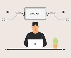 chat GPT men person use laptop digital. boy people search chat GPT AI, openAI, smart bot, workplace, technology background. vector illustration for artificial intelligence, infographics, web banner.