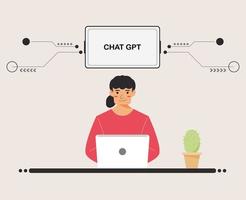 chat GPT women person use laptop digital. girl people search chat GPT AI, openAI, smart bot, workplace, technology background. vector illustration for artificial intelligence, infographic, web banner.