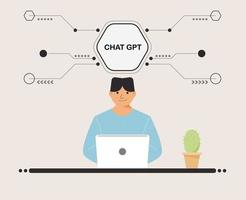 chat GPT men person use laptop digital. boy people search chat GPT AI, openAI, smart bot, workplace, technology background. vector illustration for artificial intelligence, infographics, web banner.