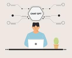 chat GPT men person use laptop digital. boy people search chat GPT AI, openAI, smart bot, workplace, technology background. vector illustration for artificial intelligence, infographics, web banner.