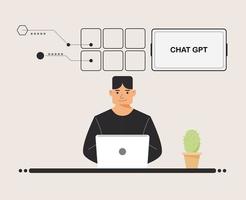 chat GPT men person use laptop digital. boy people search chat GPT AI, openAI, smart bot, workplace, technology background. vector illustration for artificial intelligence, infographics, web banner.