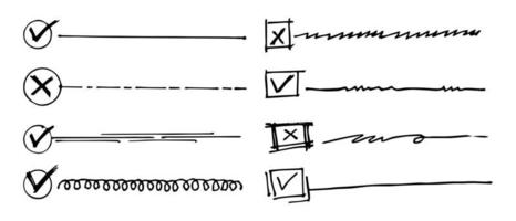 colección de comprobación de contorno vectorial aislado para hacer listas, marcas de verificación y casillas de verificación en doodle vector