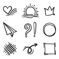 conjunto vectorial de elementos de garabato, amor, sol, corona, marco, flecha, avión de papel, signo de interrogación y marca hash vector